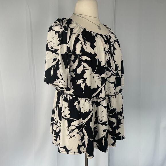 Casual Top Plus Size 2X Black Cream Floral Peplum Ruffle Boho Short Sleeve Flowy - Picture 5 of 10